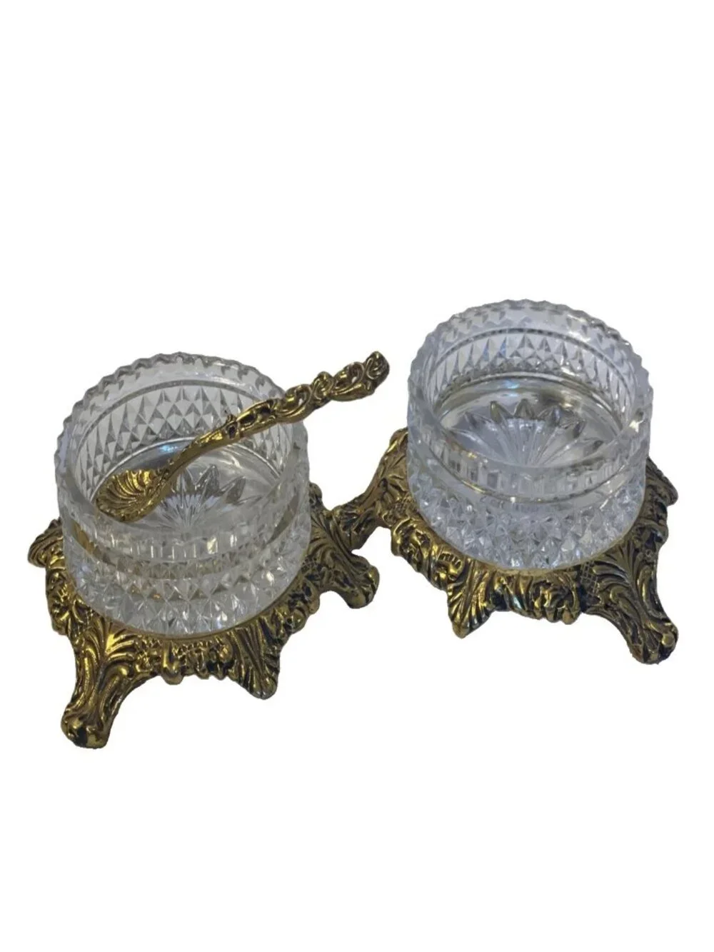 Vintage Crystal Salt Cellar Set Gold Filigree Footed Condiment Jam Bowls Spoon